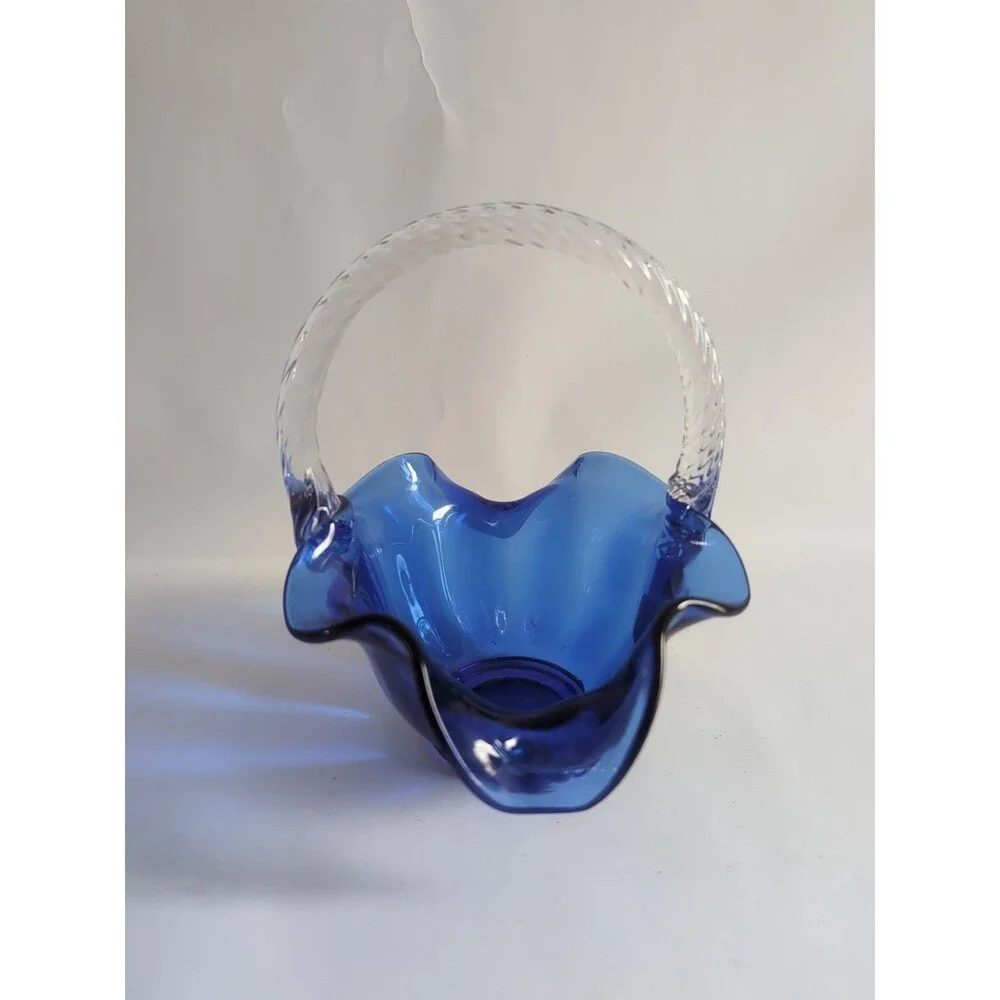 Fenton Glass Blue Cobalt Basket Clear Handle 7